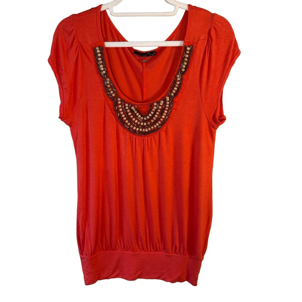 Devoted Apparel Red Beaded Embellished Top Size XS S Stretch Lightweight Casual